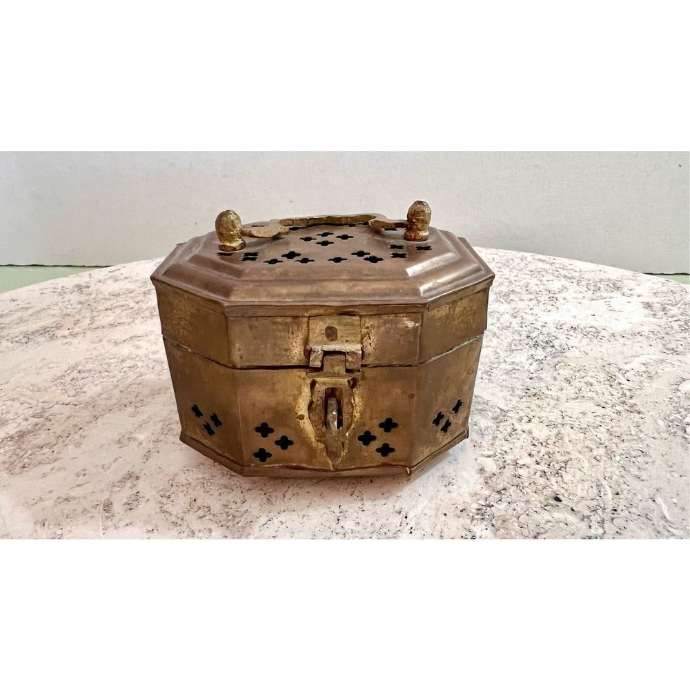 Antique Brass Lidded Hinged Box Latch Footed Squared Oval Trinket Incense Box